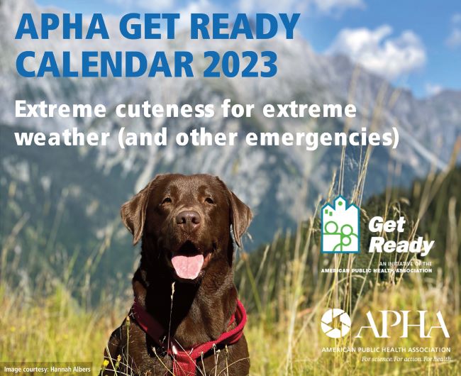 Cover of the APHA Get Ready Calendar 2023, with a photo of a dog in a field with mountains behind